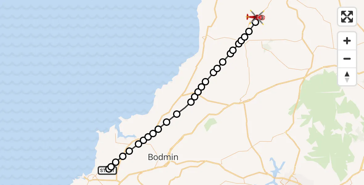 Flight path map showing Air Ambulance Helicopter route from Cornwall Airport Newquay to Torridge