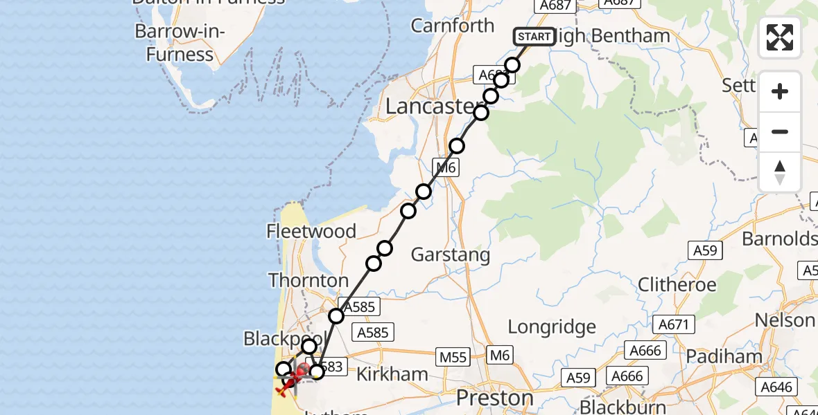Flight path map showing Air Ambulance Helicopter route from Melling to Blackpool Airport
