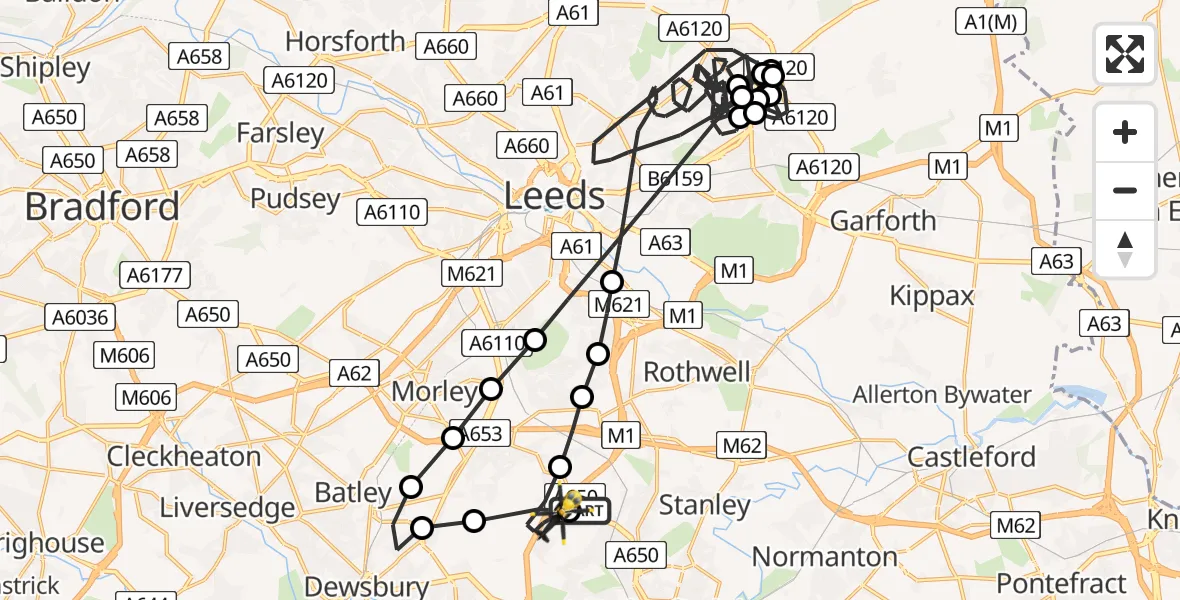 Flight path map showing Police Helicopter route from Wrenthorpe to East Ardsley