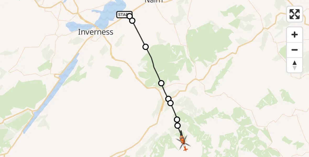 Flight path map showing Coastguard Helicopter route from Inverness Airport to Glenmore