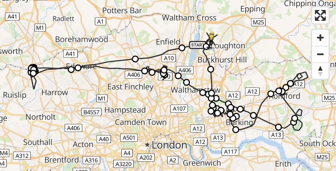 Flight path map showing Police Helicopter route from King George V Reservoir to Sewardstonebury