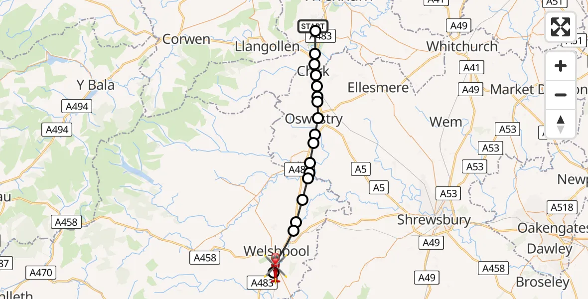 Flight path map showing Air Ambulance Helicopter route from Rhosllanerchrugog to Welshpool Airport