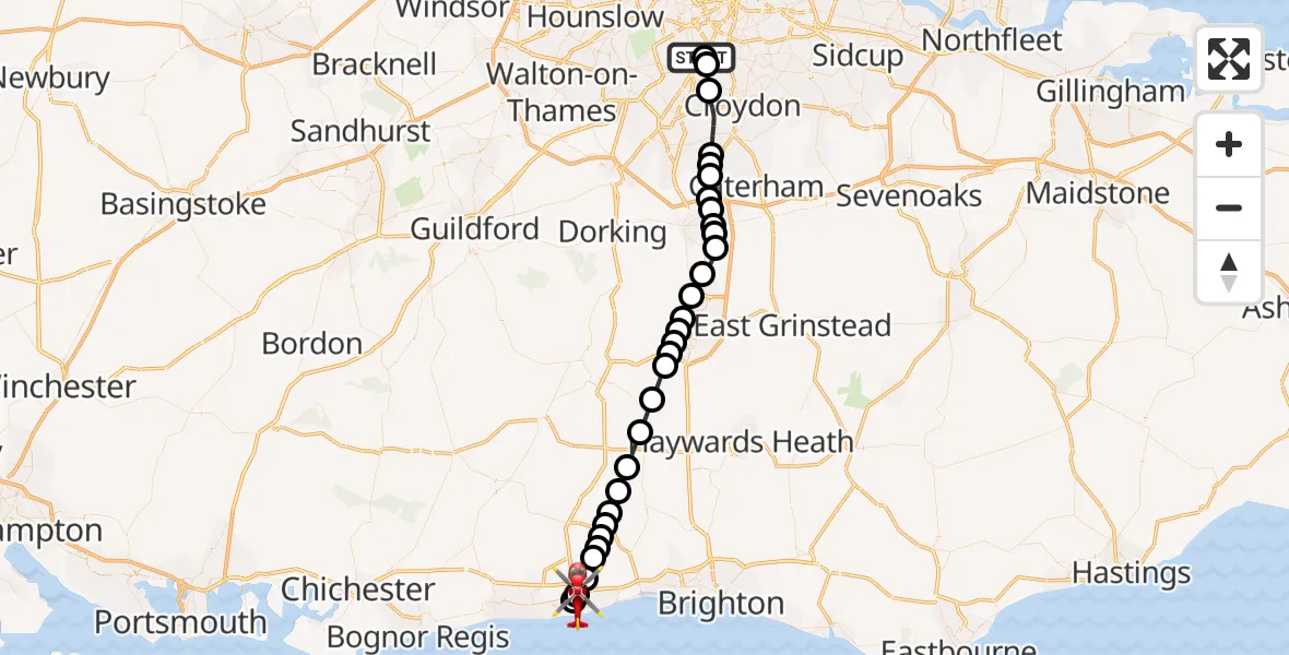 Flight path map showing Air Ambulance Helicopter route from St Georges Hospital to Worthing