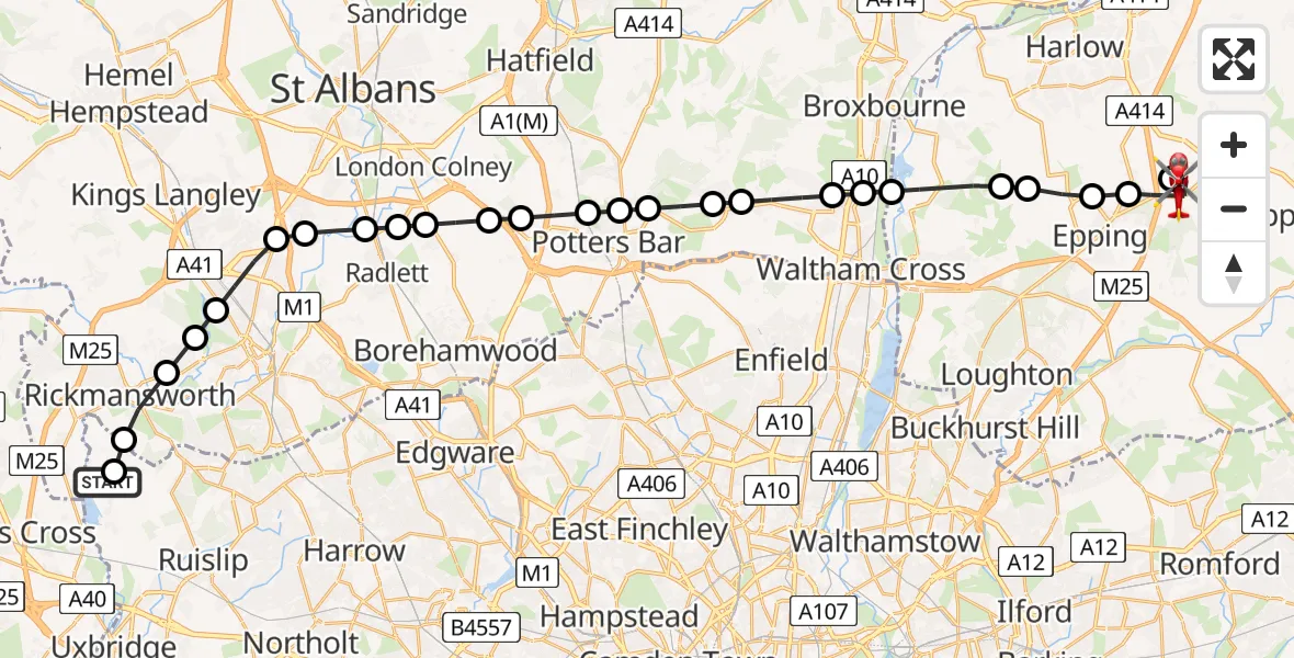 Flight path map showing Air Ambulance Helicopter route from Harefield Hospital to North Weald Airfield