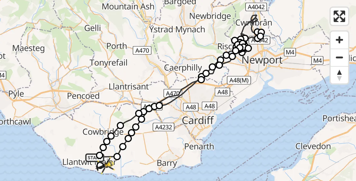Flight path map showing Police Helicopter route from Llanmaes to MOD St Athan