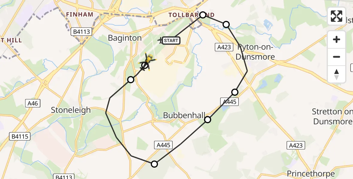 Flight path map showing Police Helicopter route from Coventry Airport to Coventry Airport