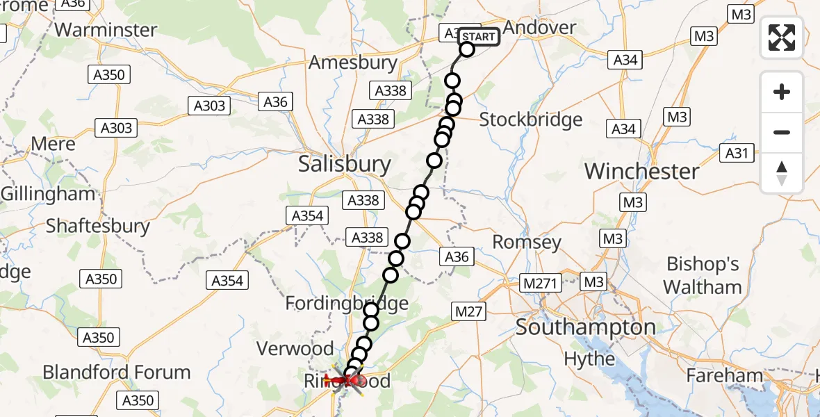 Flight path map showing Air Ambulance Helicopter route from Amport to Ringwood