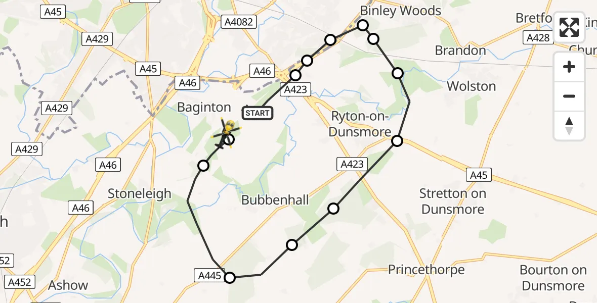 Flight path map showing Police Helicopter route from Coventry Airport to Coventry Airport