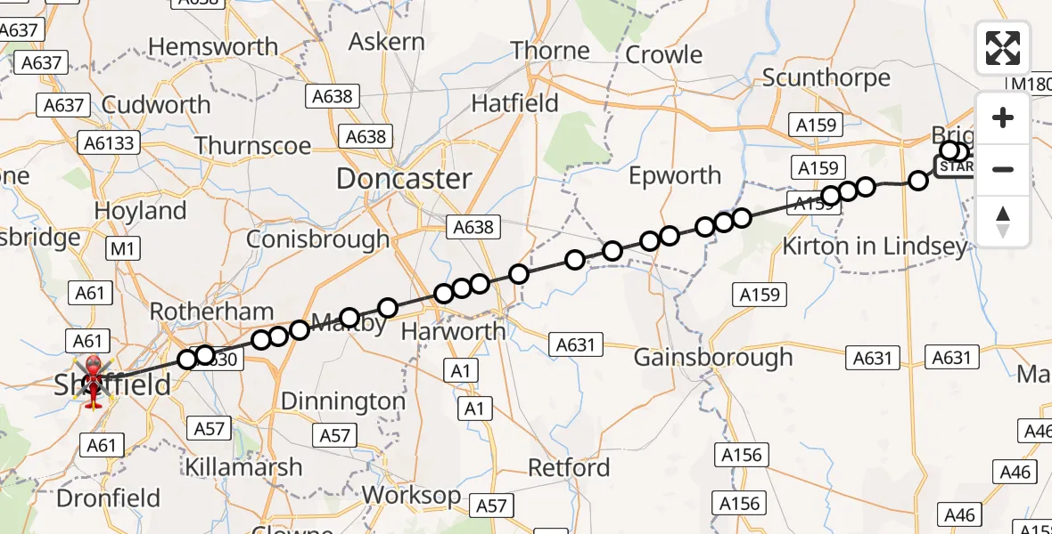 Flight path map showing Air Ambulance Helicopter route from Bigby CP to Sheffield Childrens Hospital