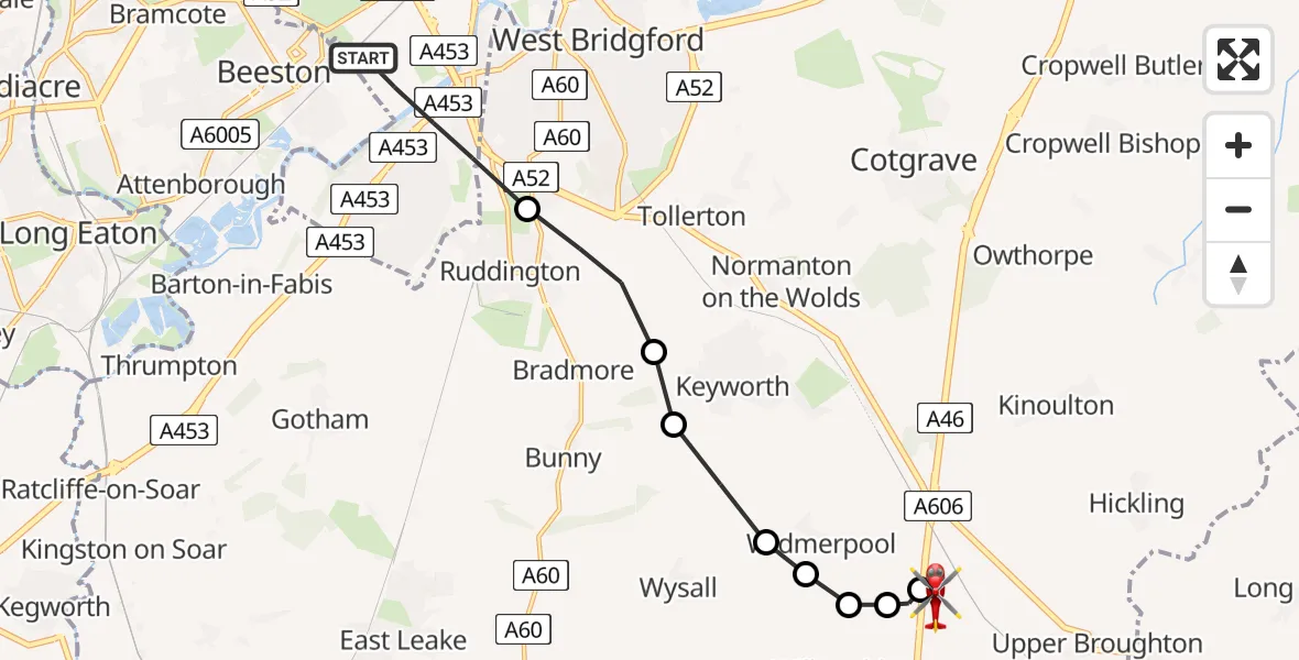 Routekaart van de vlucht: Air Ambulance Helicopter to Nottingham Heliport