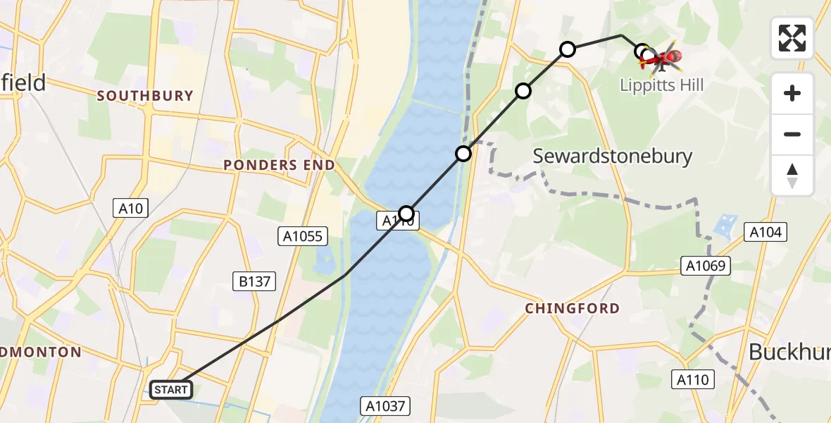 Flight path map showing Air Ambulance Helicopter route from London Borough of Enfield to Metropolitan Police Air Support Unit Lippitts Hill