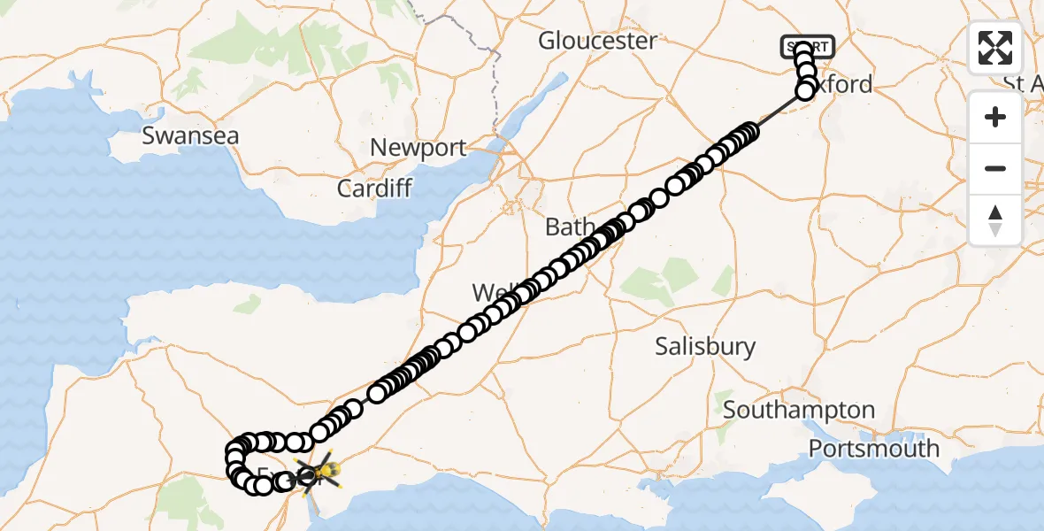 Flight path map showing Police Helicopter route from West Oxfordshire to Clyst Honiton