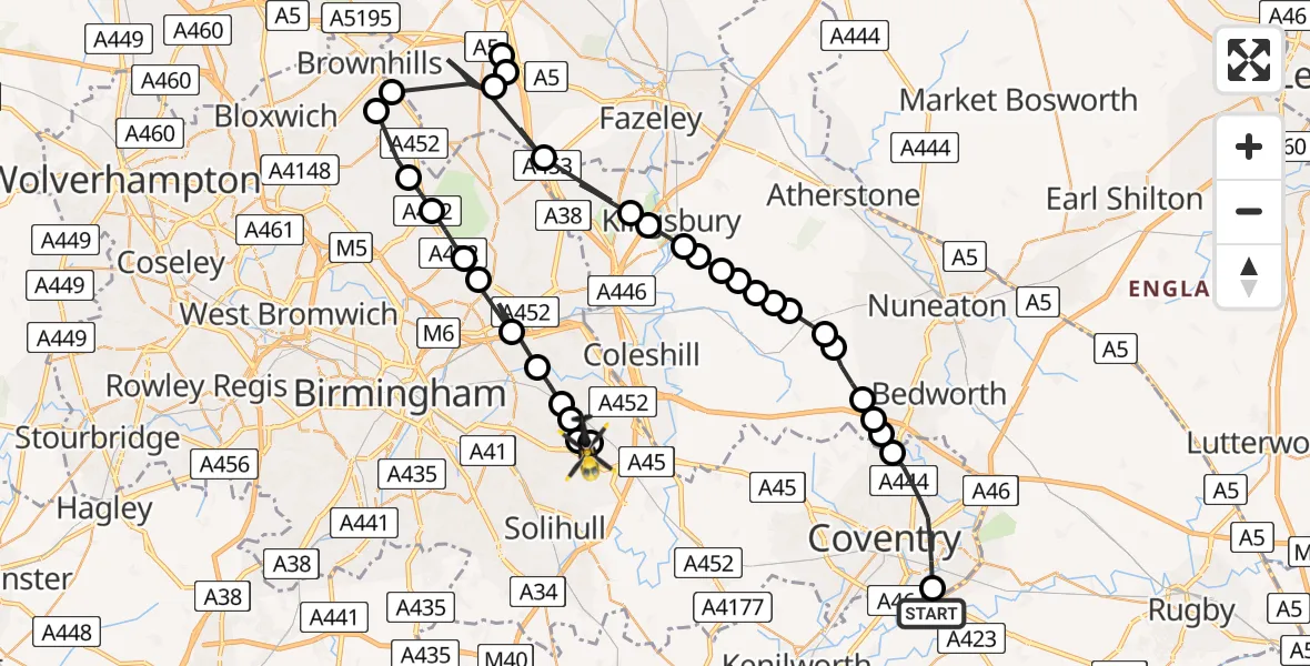 Flight path map showing Police Helicopter route from Coventry Airport to Birmingham Airport