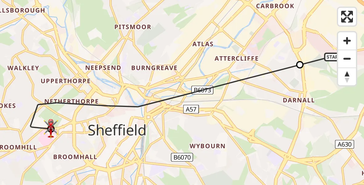 Flight path map showing Air Ambulance Helicopter route from Sheffield City Airport to Sheffield Childrens Hospital