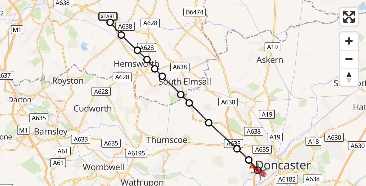 Flight path map showing Air Ambulance Helicopter route from YAA Nostell Helicopter Port to Cusworth