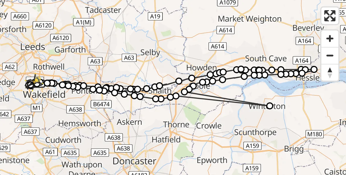 Flight path map showing Police Helicopter route from Wrenthorpe to East Ardsley
