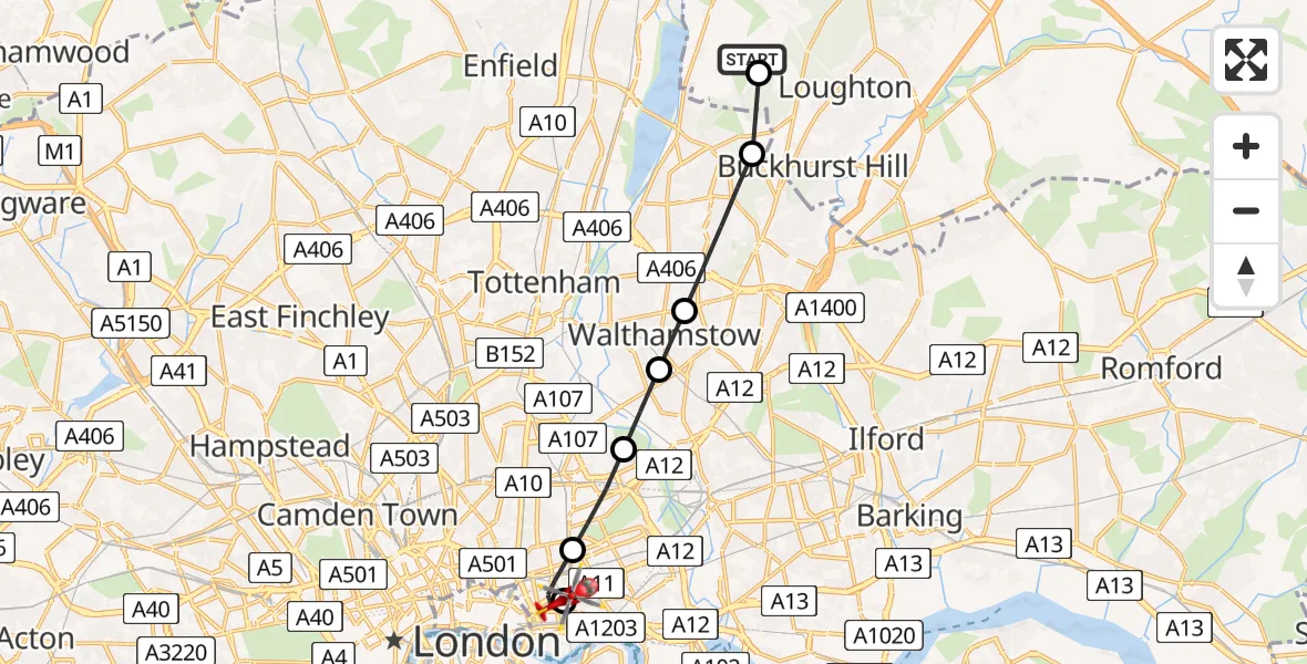 Flight path map showing Air Ambulance Helicopter route from Metropolitan Police Air Support Unit Lippitts Hill to Royal London Hospital