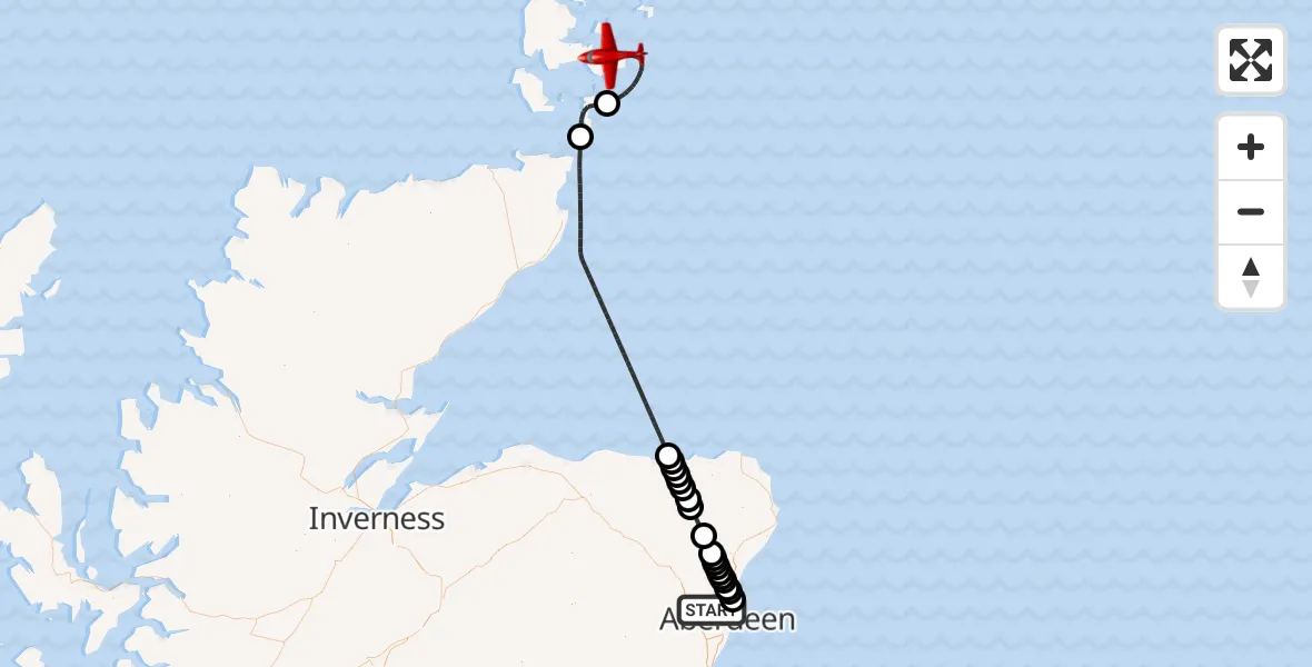 Flight path map showing Air Ambulance Aircraft route from Aberdeen City to North Sea