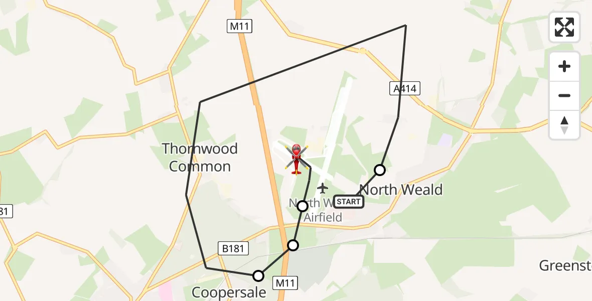 Flight path map showing Air Ambulance Helicopter route from North Weald Airfield to North Weald Airfield