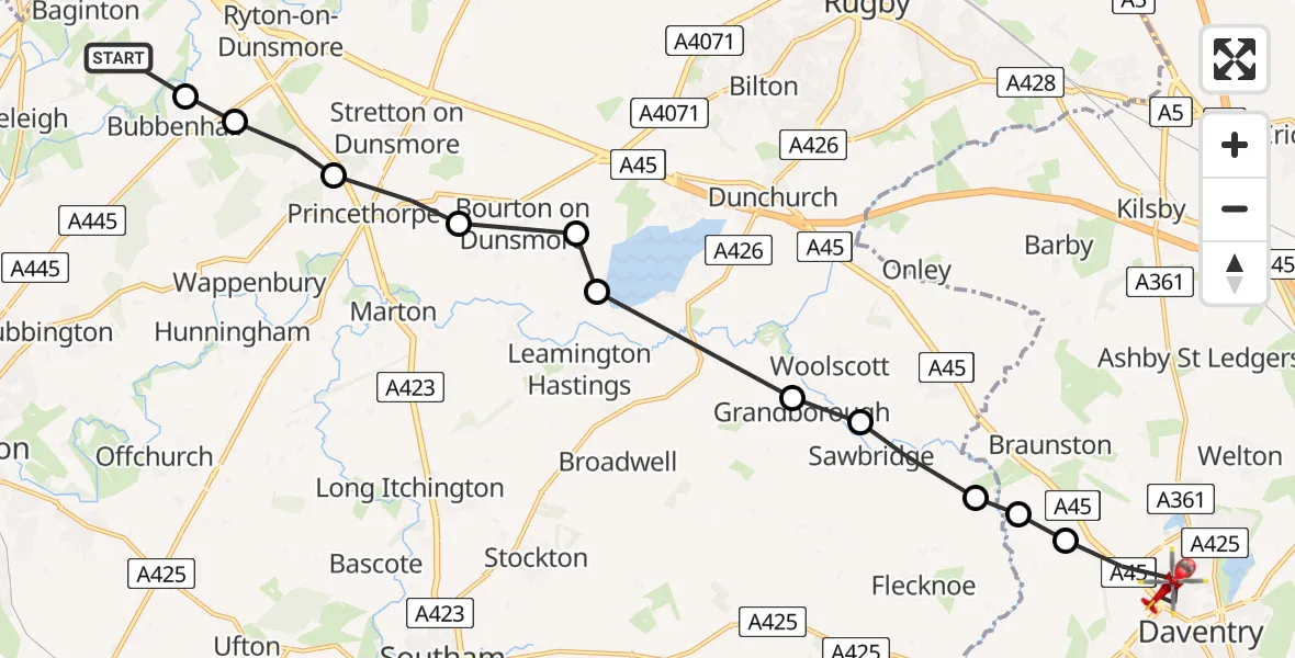 Flight path map showing Air Ambulance Helicopter route from Coventry Airport to Daventry