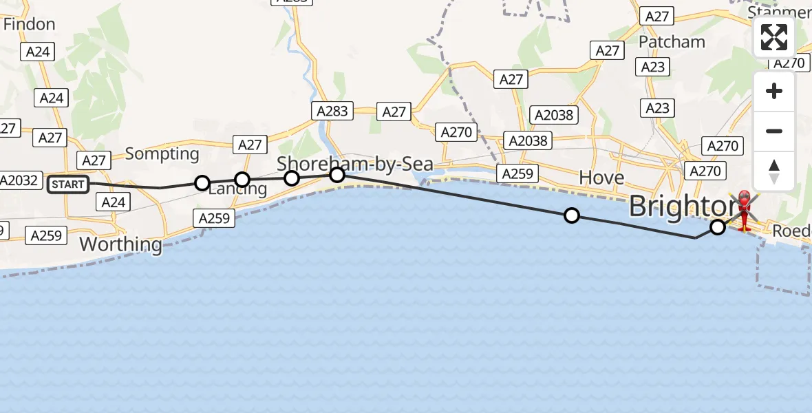 Flight path map showing Air Ambulance Helicopter route from Worthing to Brighton