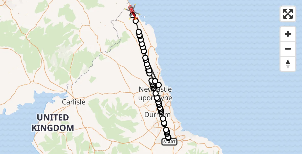 Flight path map showing Air Ambulance Helicopter route from Egglescliffe to Ancroft