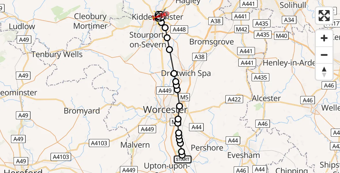 Flight path map showing Air Ambulance Helicopter route from Earl's Croome to Foxholes
