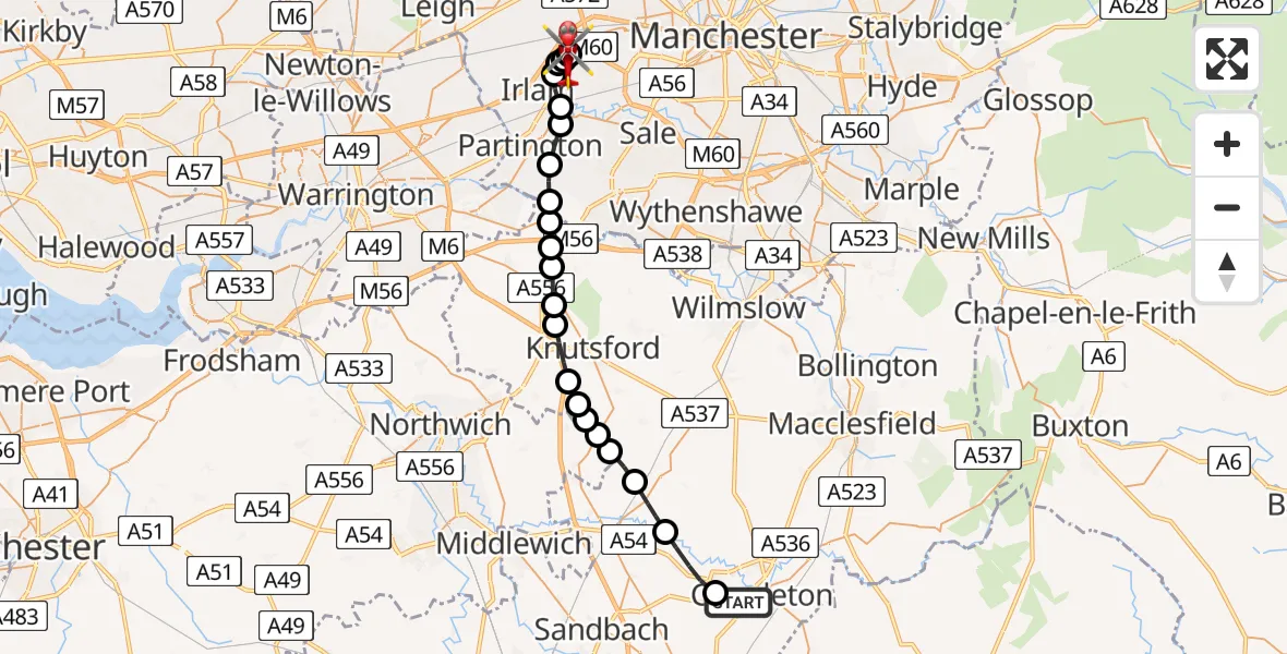 Flight path map showing Air Ambulance Helicopter route from Congleton to Manchester Barton Aerodrome