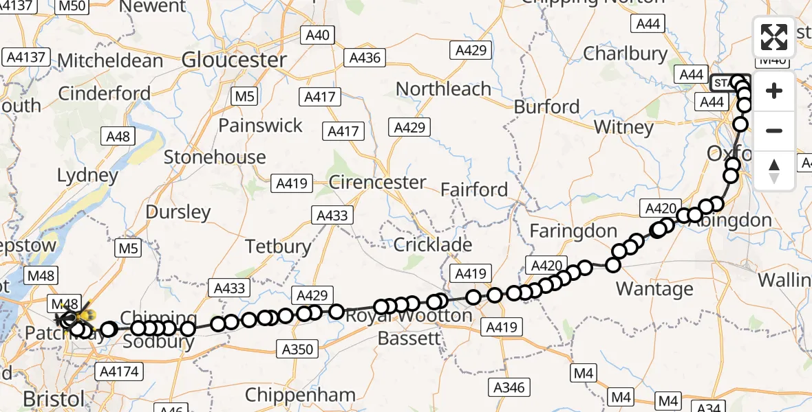 Flight path map showing Police Helicopter route from Hampton Poyle to Almondsbury Helicopter Base