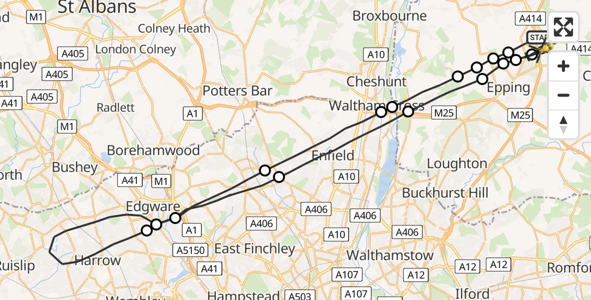 Flight path map showing Police Helicopter route from North Weald Bassett to North Weald Airfield