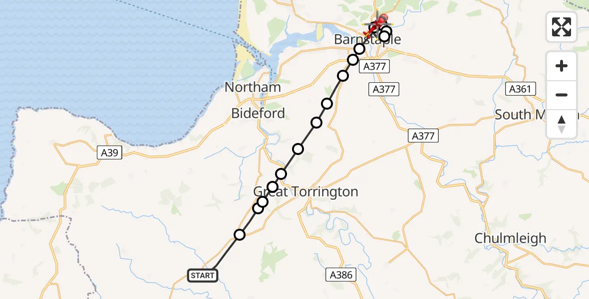 Flight path map showing Air Ambulance Helicopter route from Newton St Petrock to North Devon Hospital