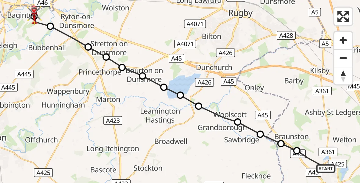 Flight path map showing Air Ambulance Helicopter route from Daventry to Coventry Airport