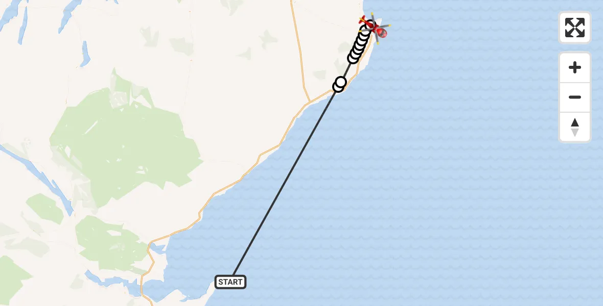 Flight path map showing Air Ambulance Helicopter route from North Sea to Wick John O'Groats Airport