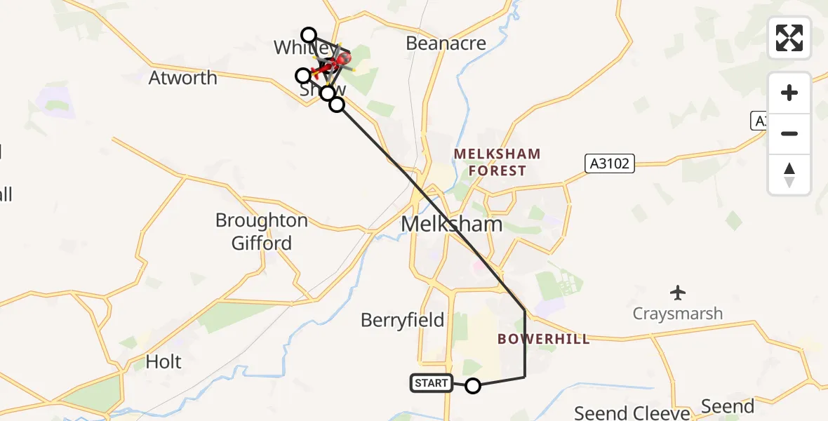 Flight path map showing Air Ambulance Helicopter route from Wiltshire Air Ambulance to Whitley