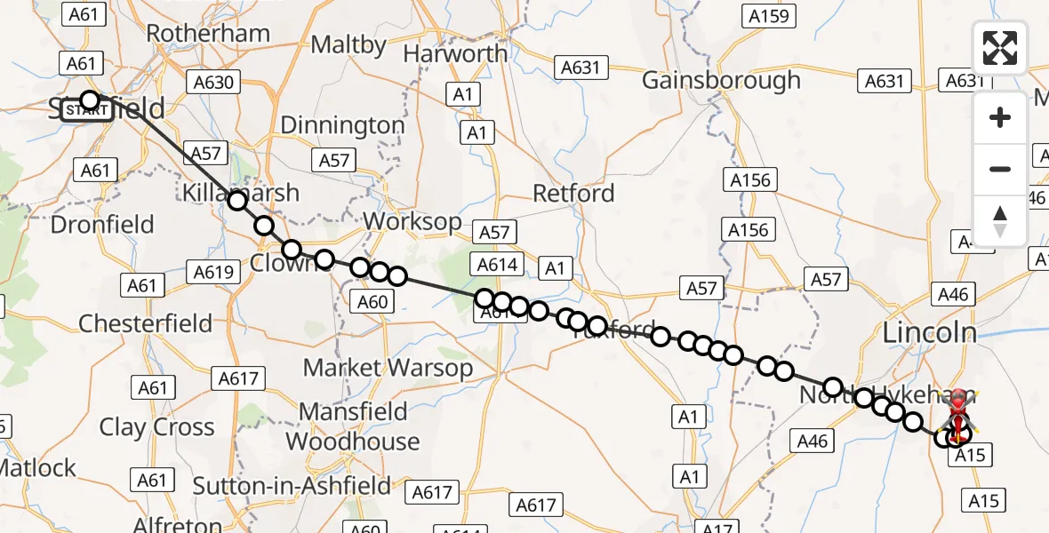 Routekaart van de vlucht: Air Ambulance Helicopter to North Kesteven, Sleaford Road