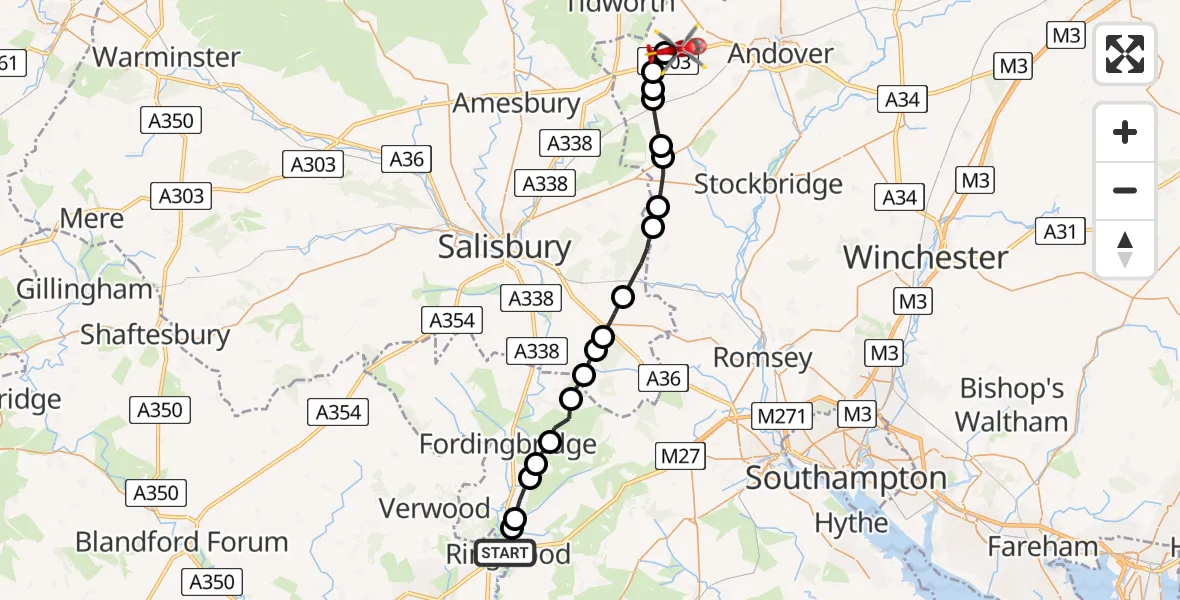 Flight path map showing Air Ambulance Helicopter route from Ringwood to Thruxton Aerodrome