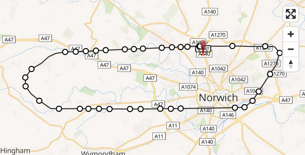 Flight path map showing Air Ambulance Helicopter route from Norwich Airport to Norwich Airport