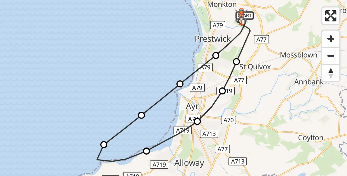 Flight path map showing Coastguard Helicopter route from Glasgow Prestwick Airport to Glasgow Prestwick Airport