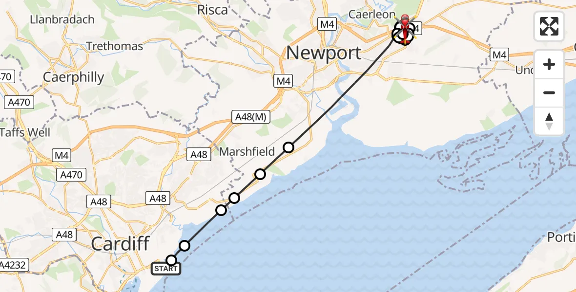 Flight path map showing Air Ambulance Helicopter route from Cardiff Heliport to Llanwern