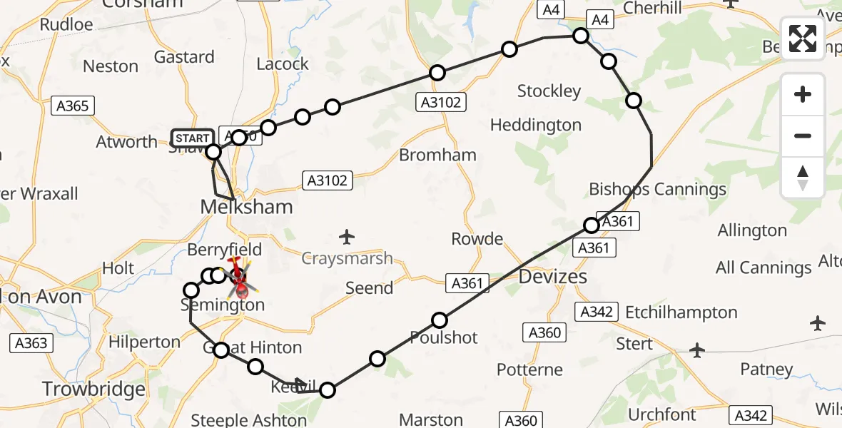 Flight path map showing Air Ambulance Helicopter route from Whitley to Melksham