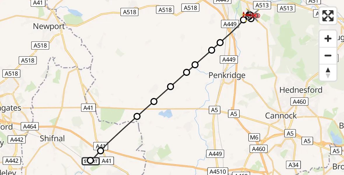 Flight path map showing Air Ambulance Helicopter route from RAF Cosford to Bednall