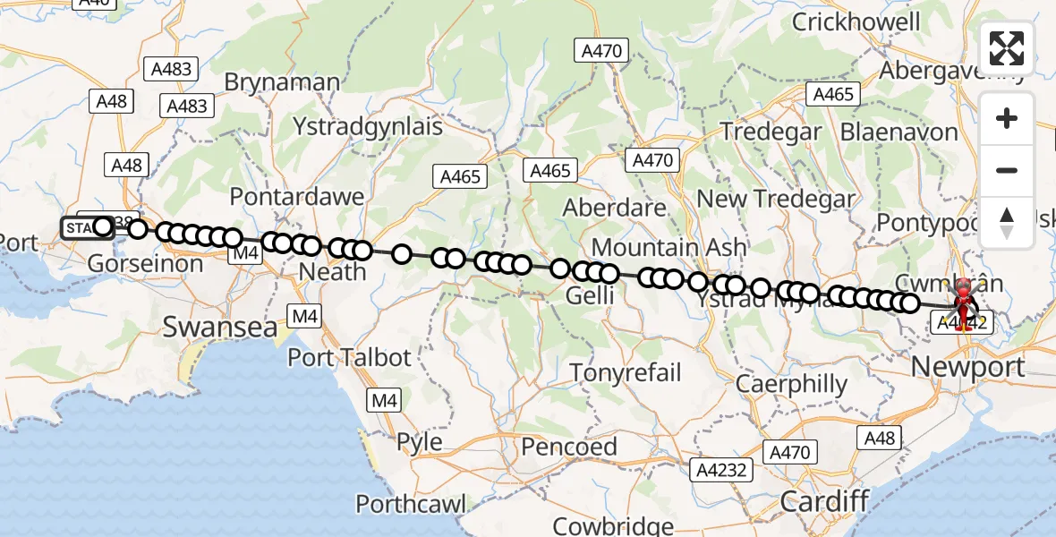 Flight path map showing Air Ambulance Helicopter route from Dafen to Cwmbrân