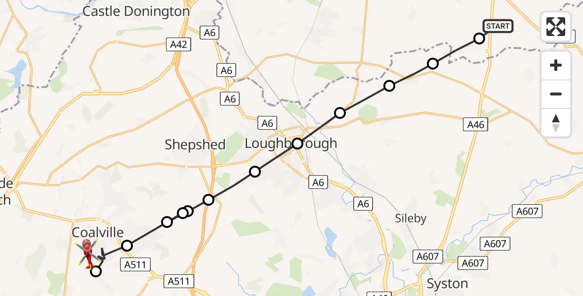 Flight path map showing Air Ambulance Helicopter route from Rushcliffe to Donington Le Heath