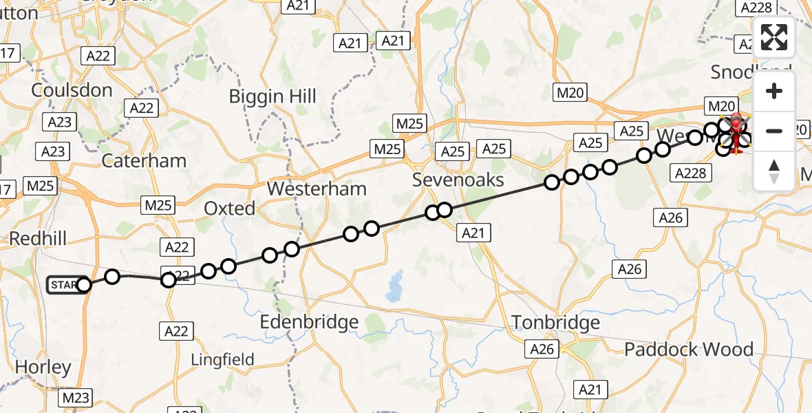 Flight path map showing Air Ambulance Helicopter route from Redhill Aerodrome to East Malling