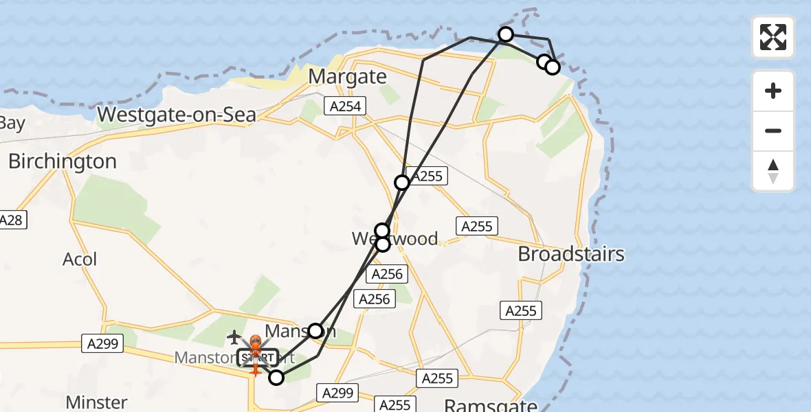 Flight path map showing Coastguard Helicopter route from Manston Airport to Manston Airport