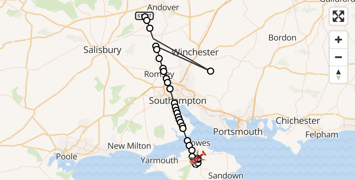 Flight path map showing Air Ambulance Helicopter route from Amport to Newport