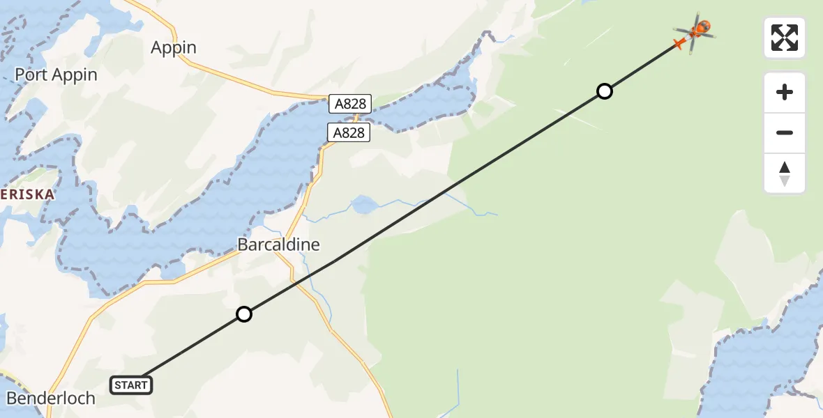 Flight path map showing Coastguard Helicopter route from Benderloch to Invercreran