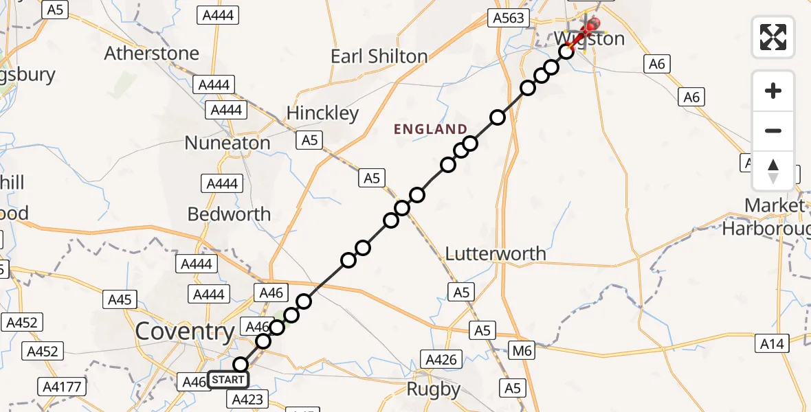 Flight path map showing Air Ambulance Helicopter route from Coventry Airport to Wigston
