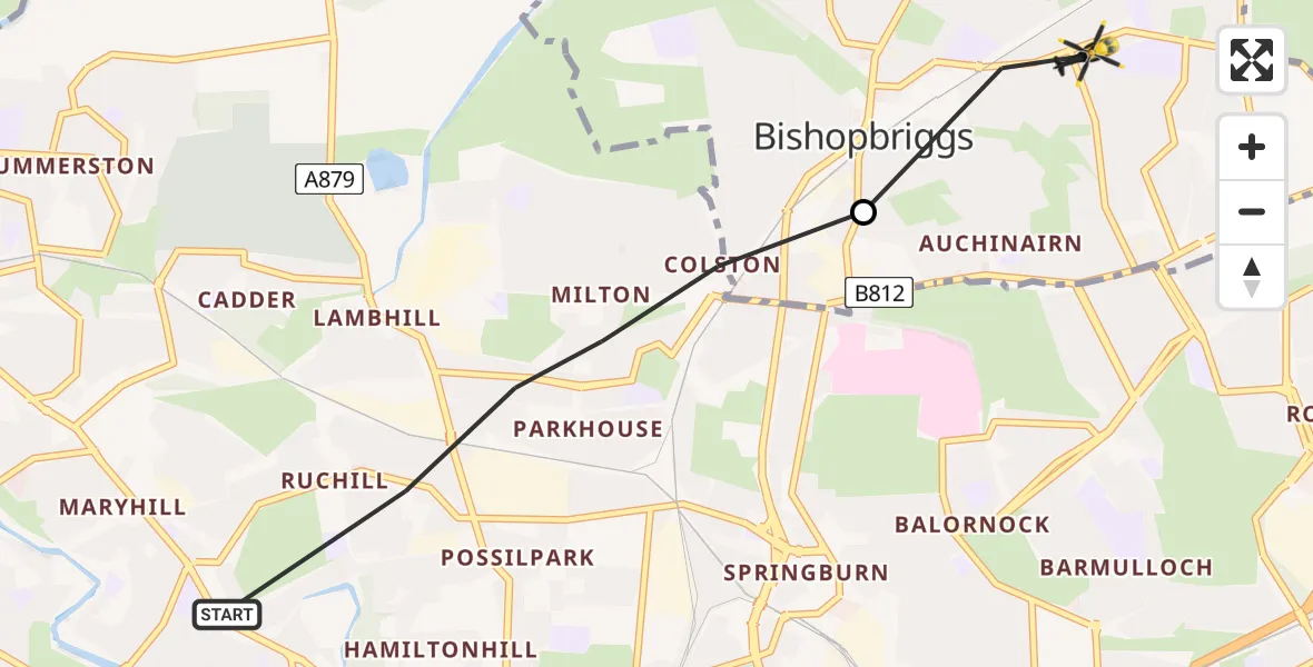 Flight path map showing Police Helicopter route from Glasgow to Bishopbriggs