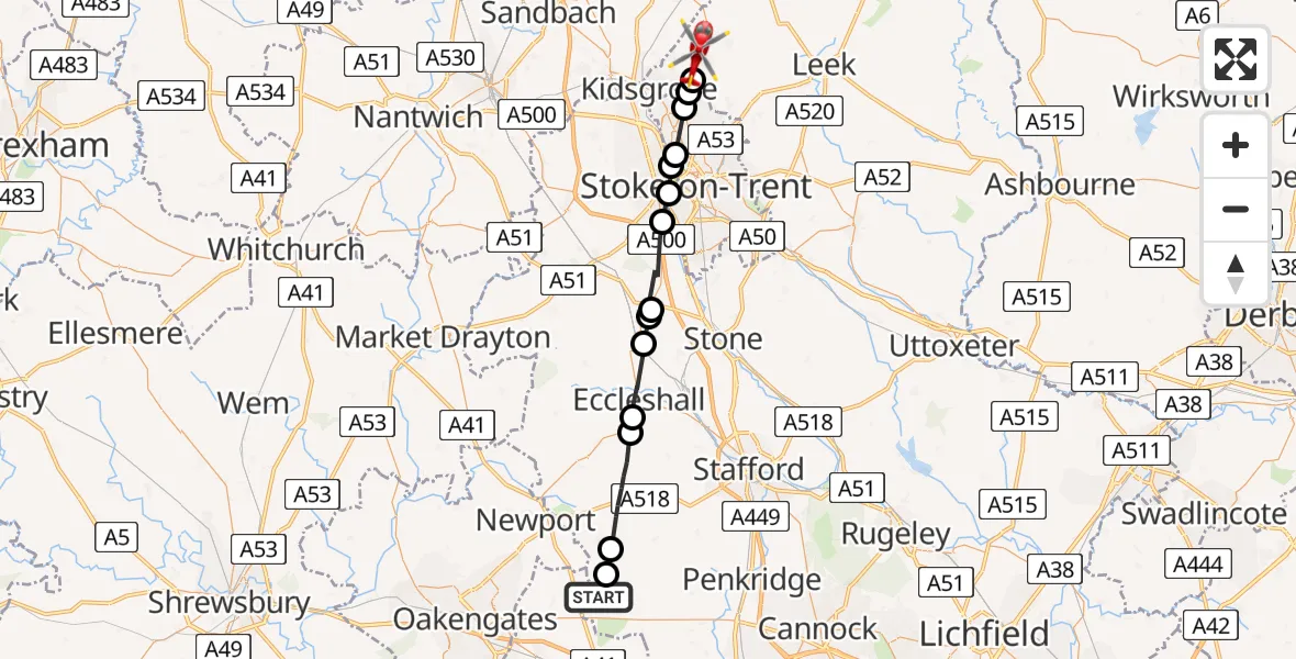 Routekaart van de vlucht: Air Ambulance Helicopter to Biddulph, Colliers Way